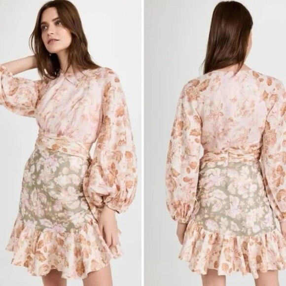 NWT Zimmermann Lyre Wrap Billow Mini Dress US 6 Linen Ruffle Long Sleeve $795 - Picture 3 of 16